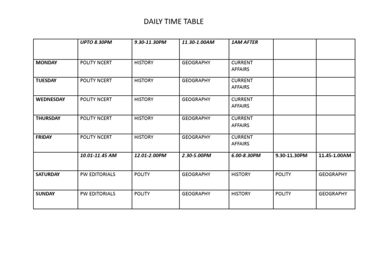 Weekly Study Schedule for Polity & History | PDF