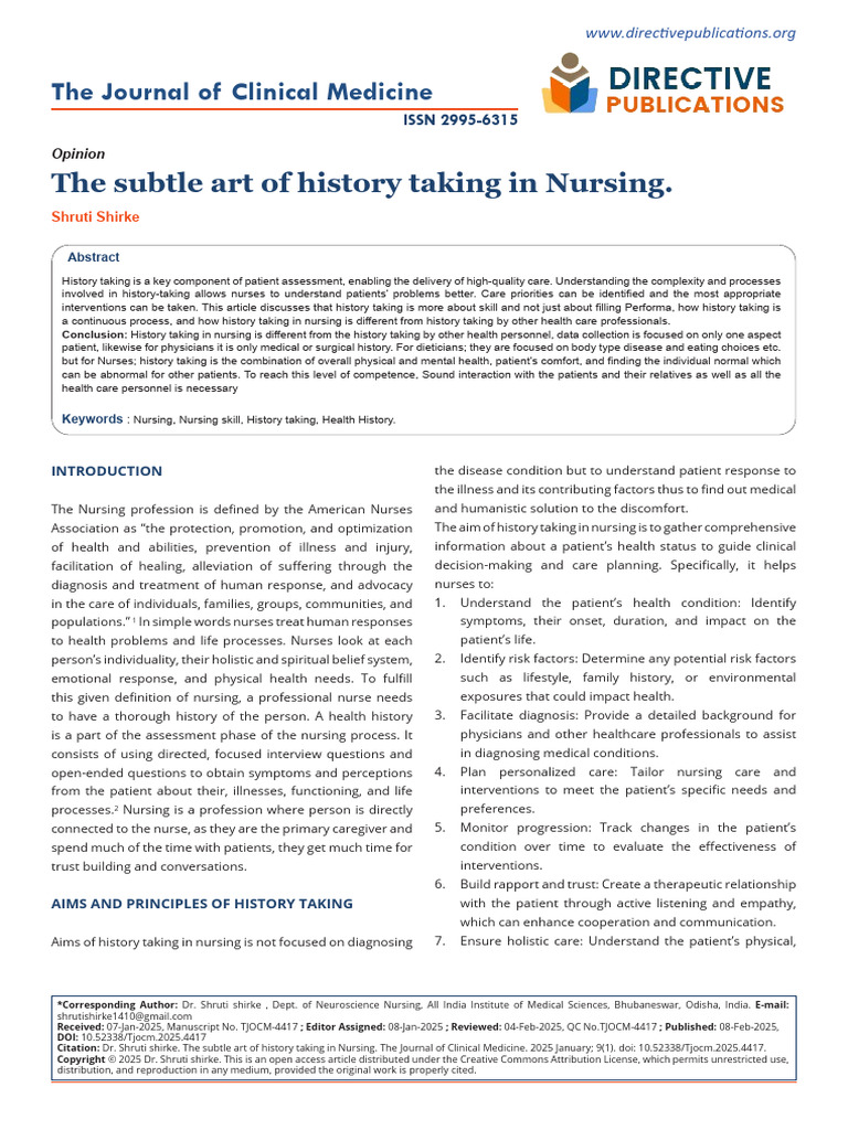 The Subtle Art of History Taking in Nursing | PDF | Nursing | Medical ...