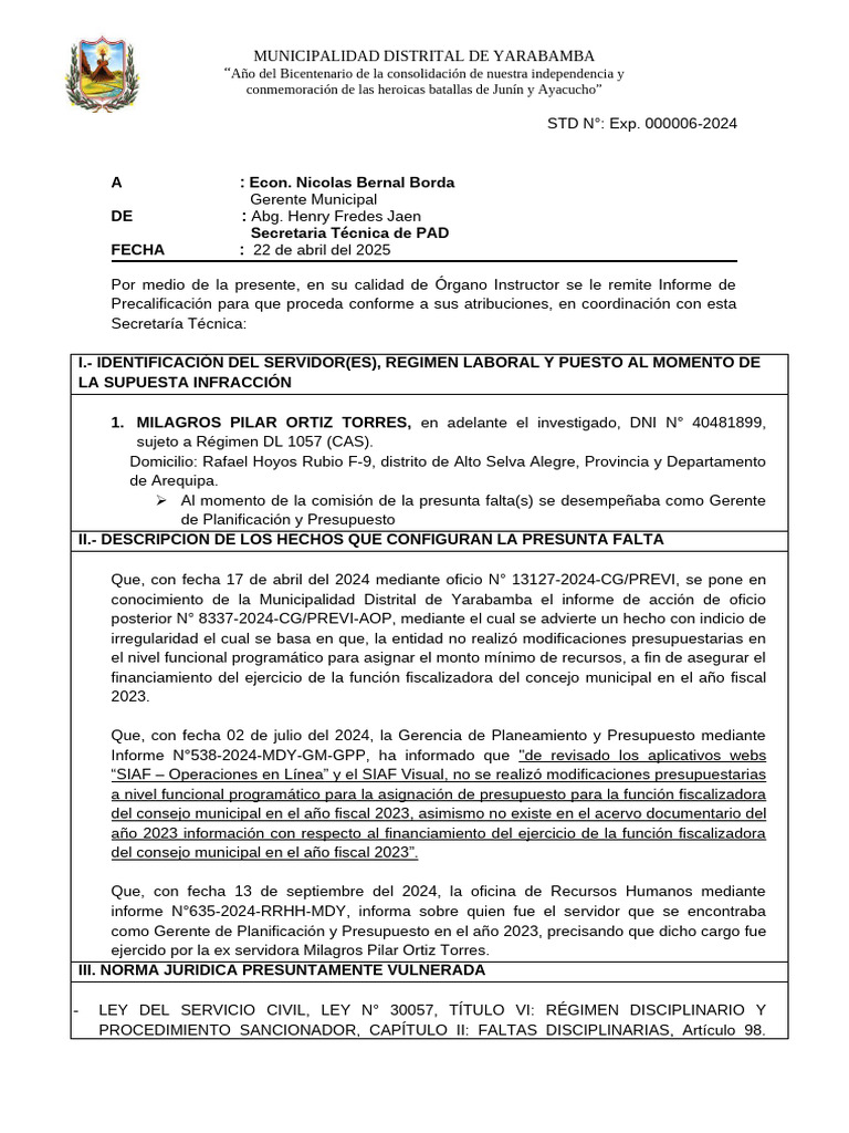 Informe de Precalificación 011-2025-Hfj-St-Mdy | PDF | Presupuesto ...