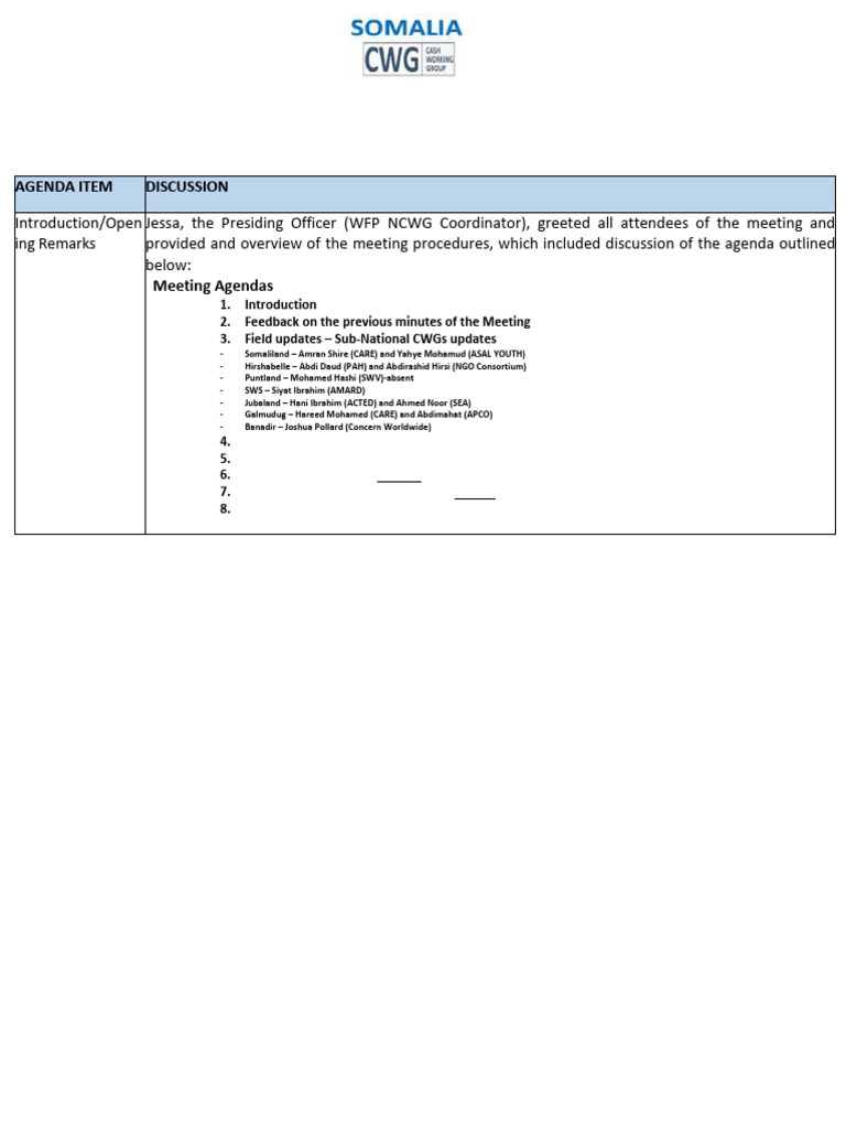 Minutes of Somalia CWG Meeting - Sept 2024 | PDF | Internally Displaced ...