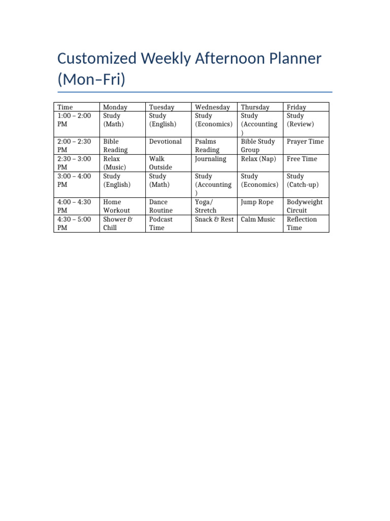 Customized Weekly Afternoon Planner | PDF