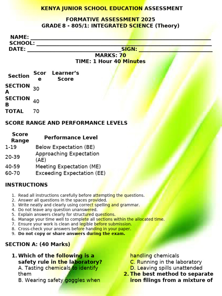 Grade 8 Integrated Science Assessment | PDF | Cell (Biology) | Chemical ...