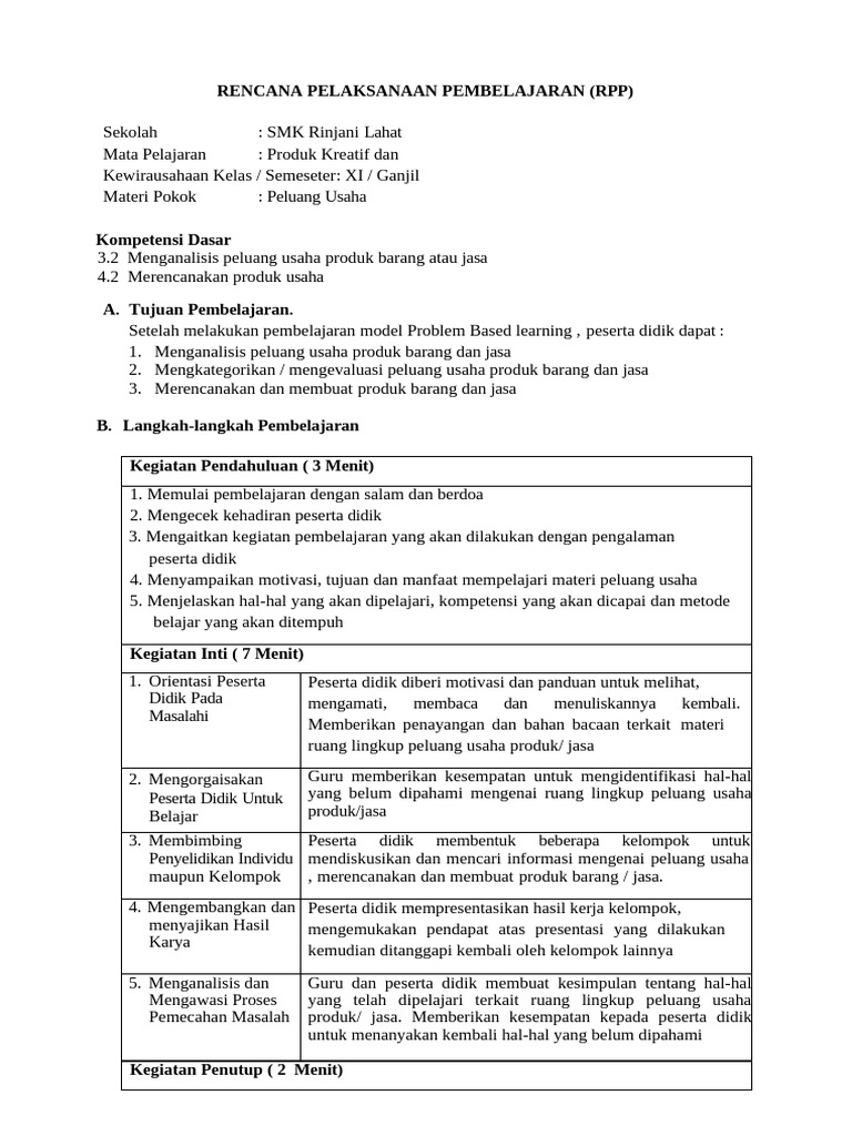 Rencana Pelaksanaan Pembelajaran (RPP) | PDF