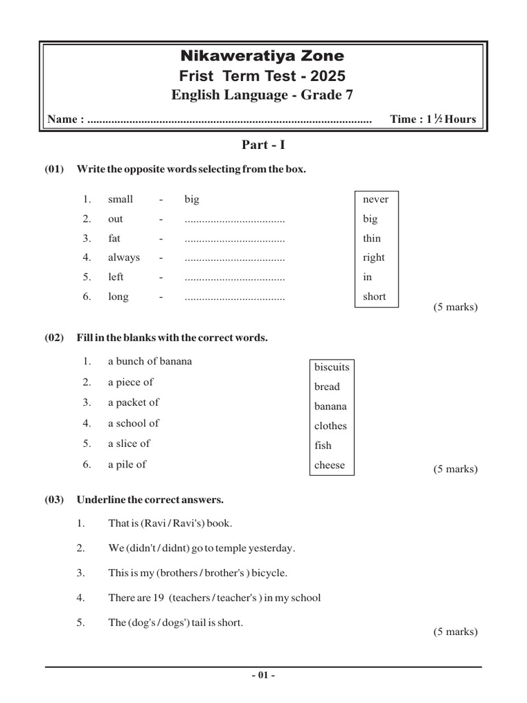 Grade 7 English Term Test 2025 | PDF