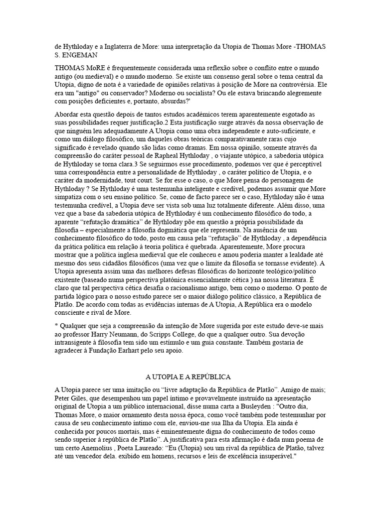 Uma Interpretação Da Utopia de Thomas More - THOMAS S. ENGEMAN | PDF ...