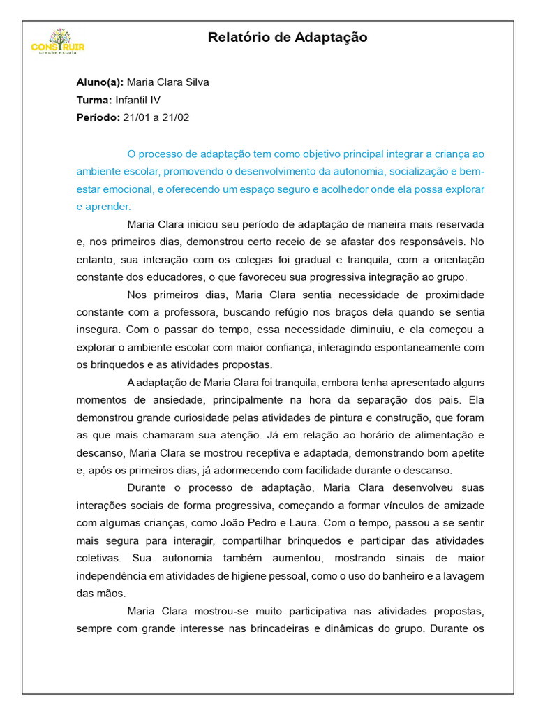 Adaptação de Maria Clara na Educação Infantil | PDF | Aprendizado ...