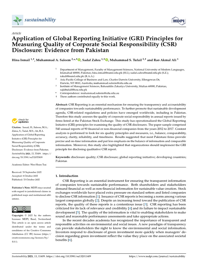 GRI Principles for CSR Disclosure Quality in Pakistan | PDF | Corporate ...