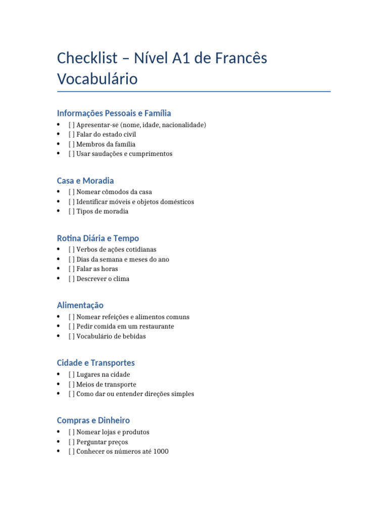 Checklist de Francês Nível A1 | PDF