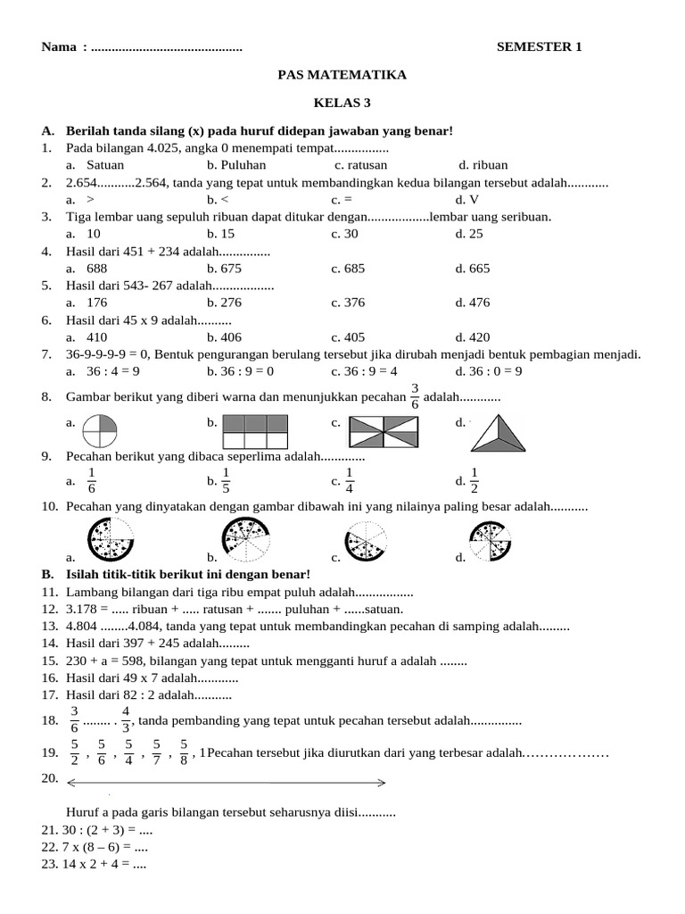 Soal Matematika Kelas 3 Semester 1 | PDF