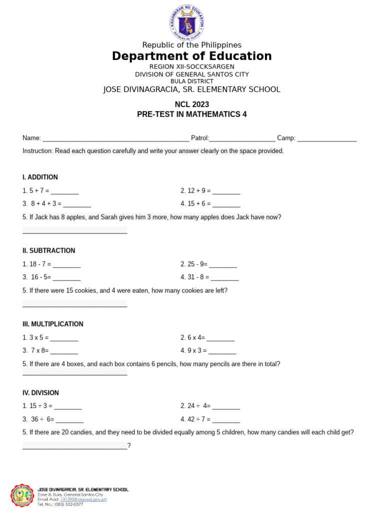NLC Pretest Numeracy 4 | PDF