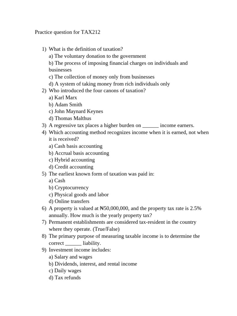 Taxation Practice Questions for TAX212 | PDF | Taxes | Corporate Tax