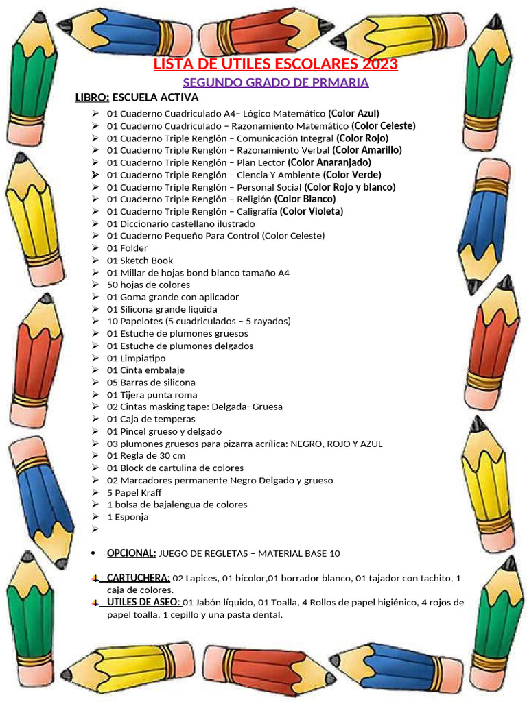 Lista de Utiles Escolares 2023 | PDF