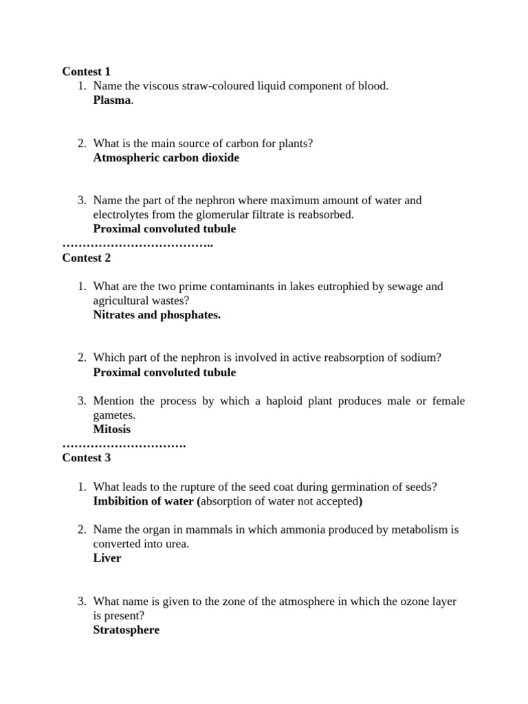 Biology Contest Questions and Answers | PDF | Biology