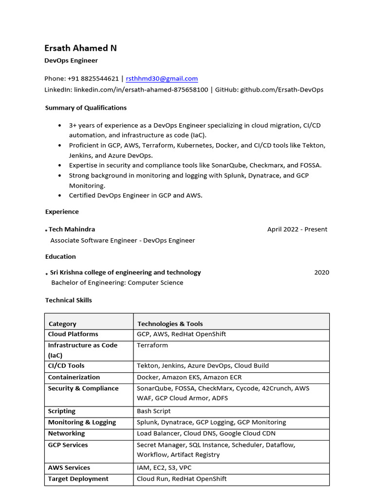 DevOps Engineer Profile: Ersath Ahamed | PDF | Cloud Computing | Amazon ...