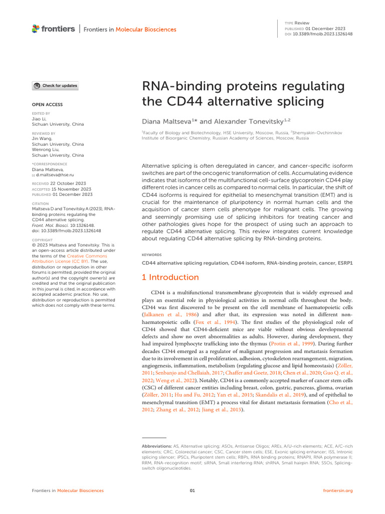 RNA-binding Proteins Regulating The CD44 Alternative Splicing | PDF ...