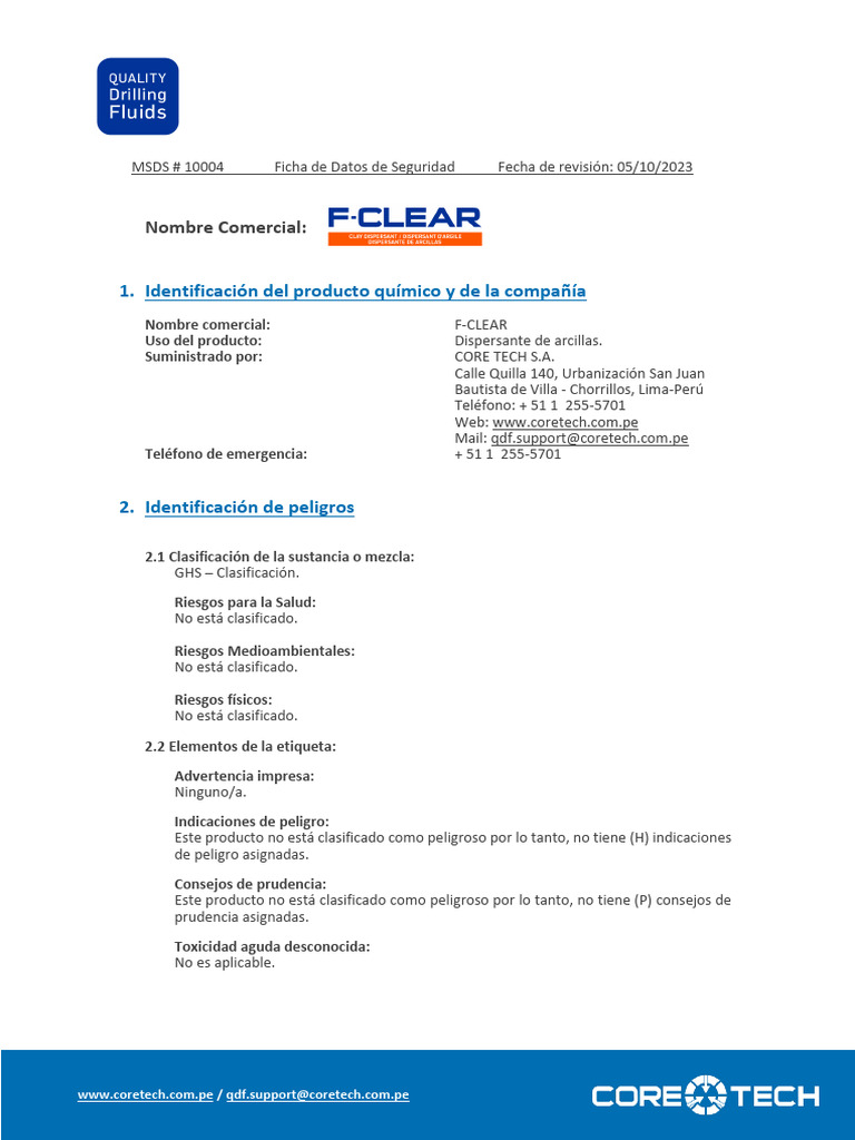 MSDS F-Clear Revrh - 2023 | PDF | Agua | Ventilación (Arquitectura)