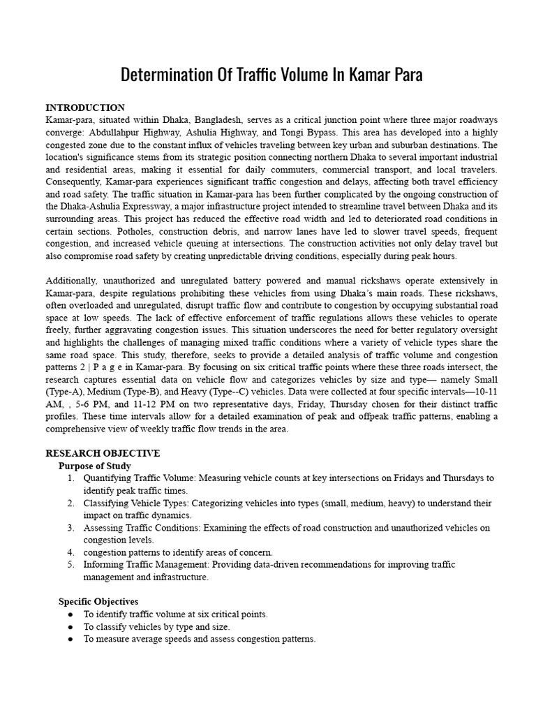Traffic Volume Analysis in Kamar Para | PDF | Traffic | Traffic Congestion
