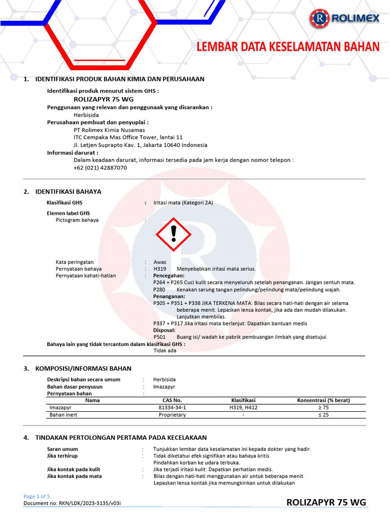 MSDS Rolizapyr 75 WG dari Rolimex | PDF