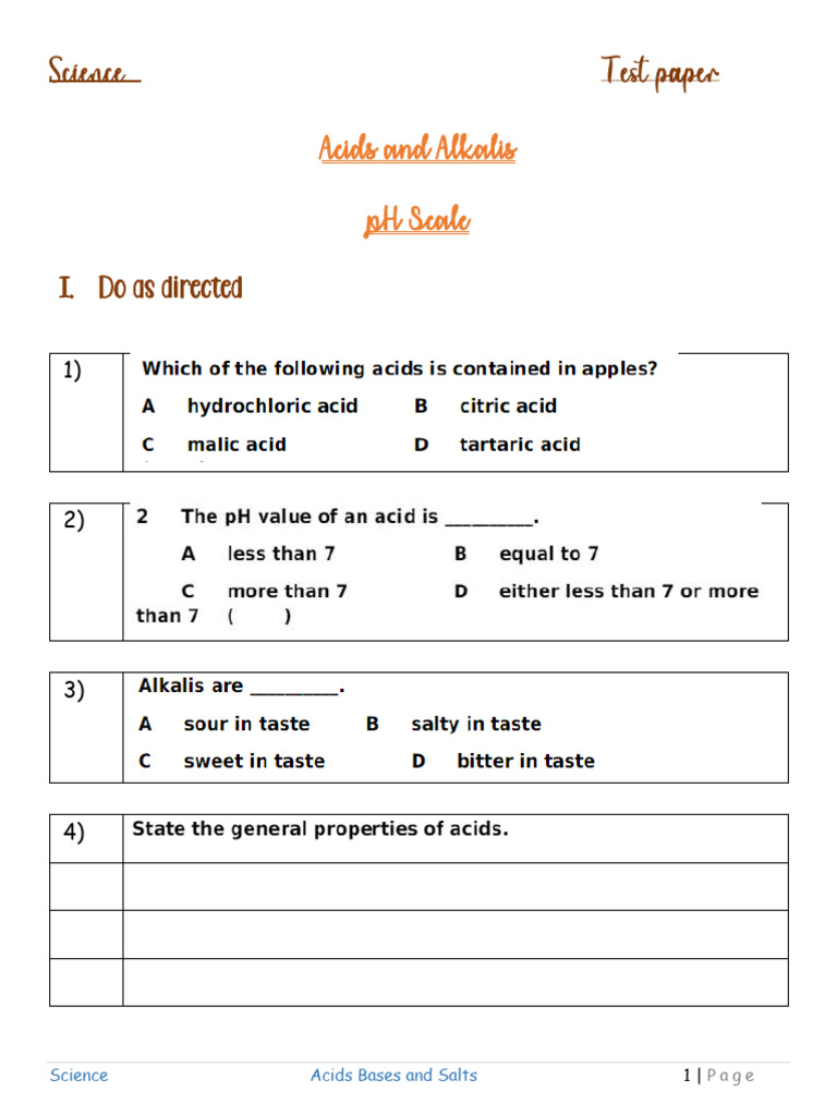 Worksheet Chap 5 Acids bases nIndicator | PDF | Acid | Ph
