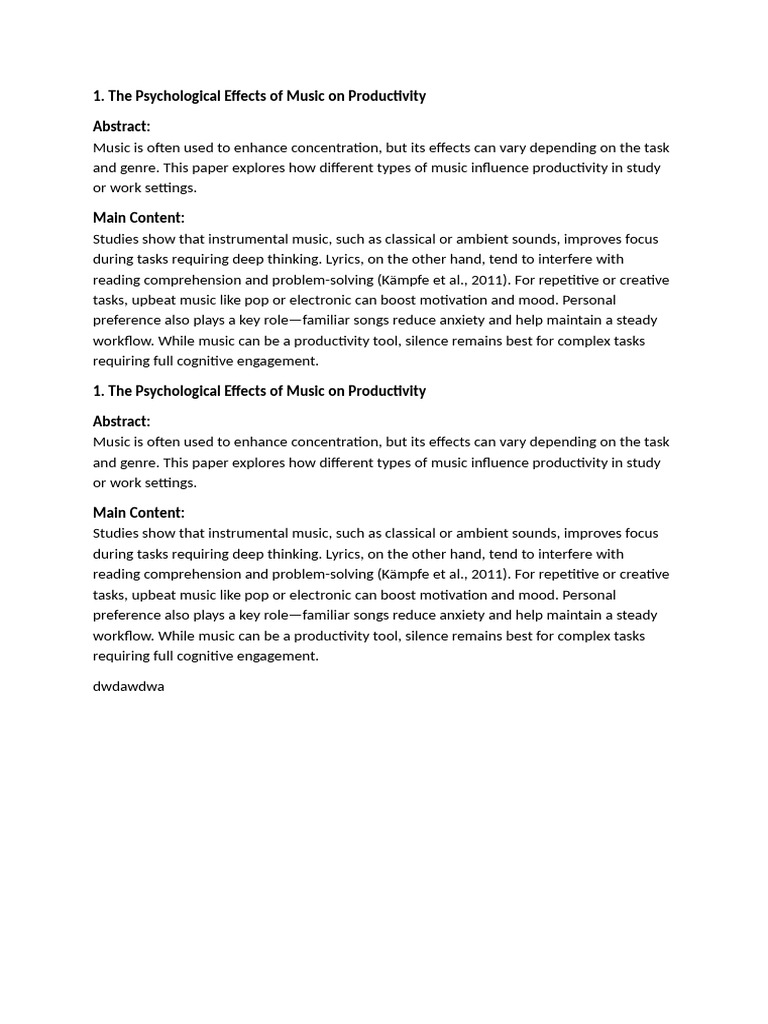 The Psychological Effects of Music On Productivity | PDF