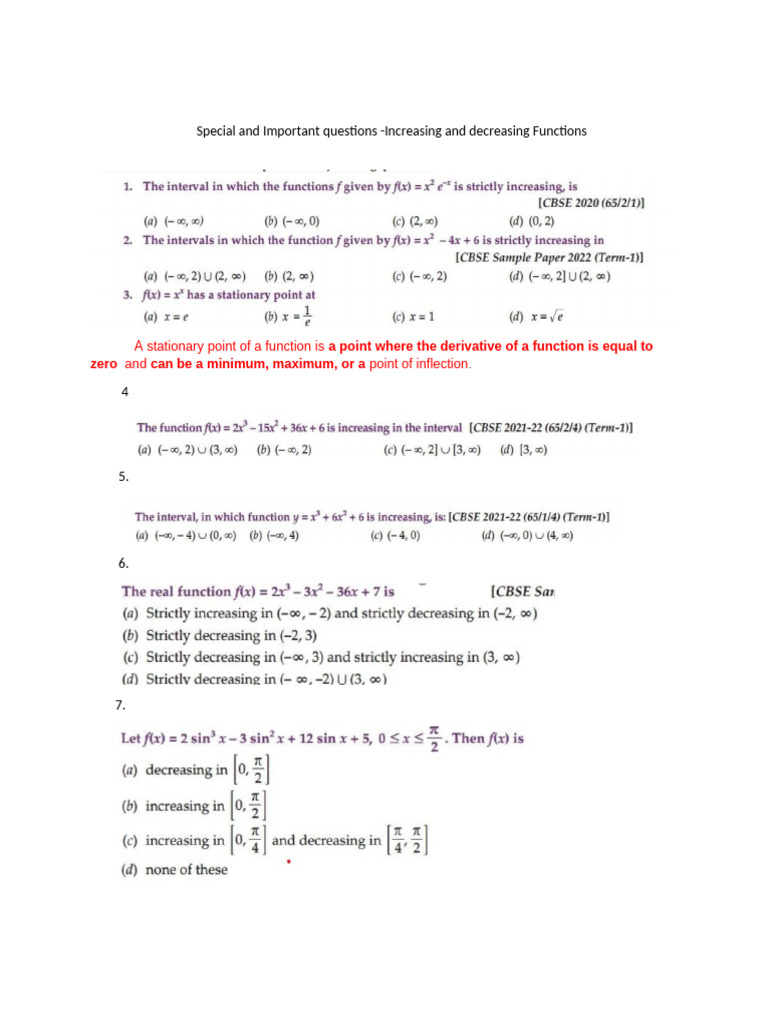 Worksheet - Special Questions - Increasing and Decreasing Functions | PDF