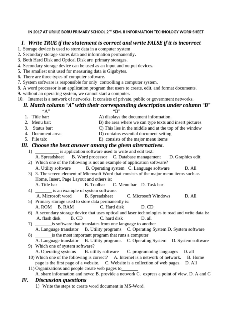 IT Worksheet for URJILE BORU School | PDF | Computer Data Storage ...