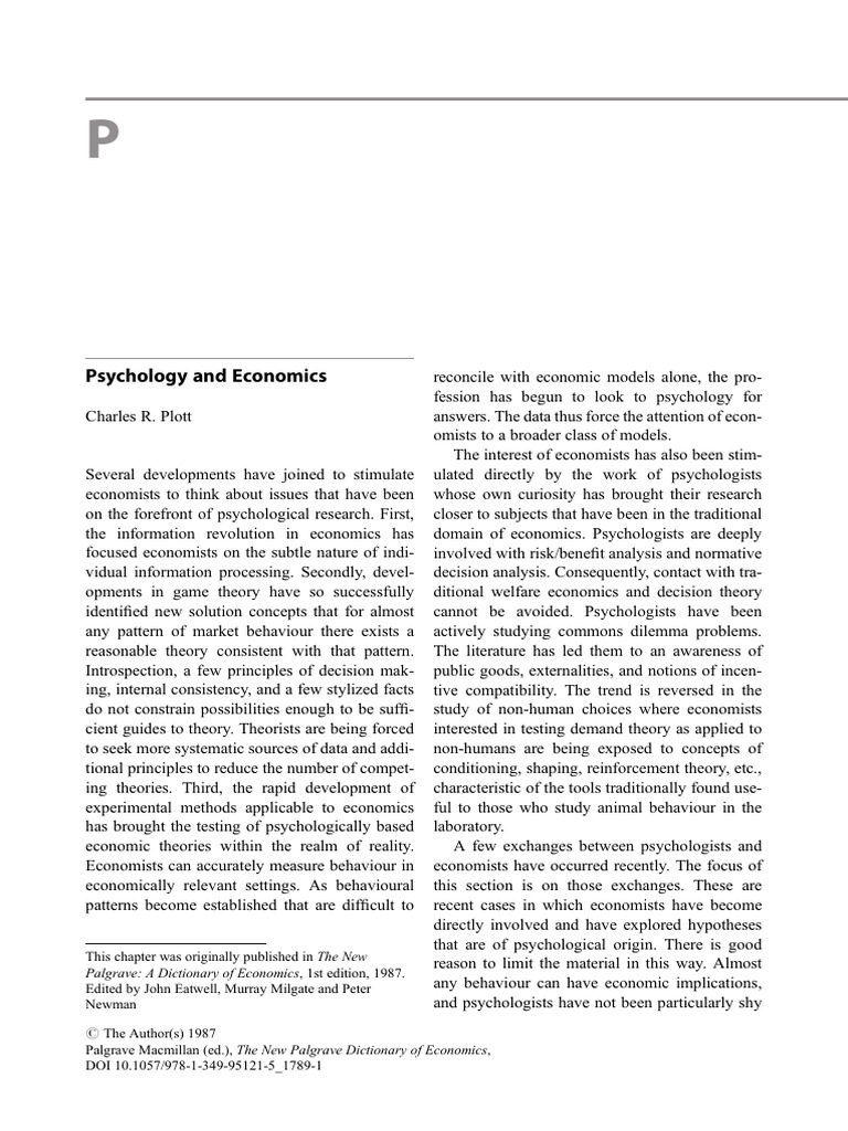 C.R. Plott 1987 Psychology and Economics - Palgrave | PDF | Economics ...