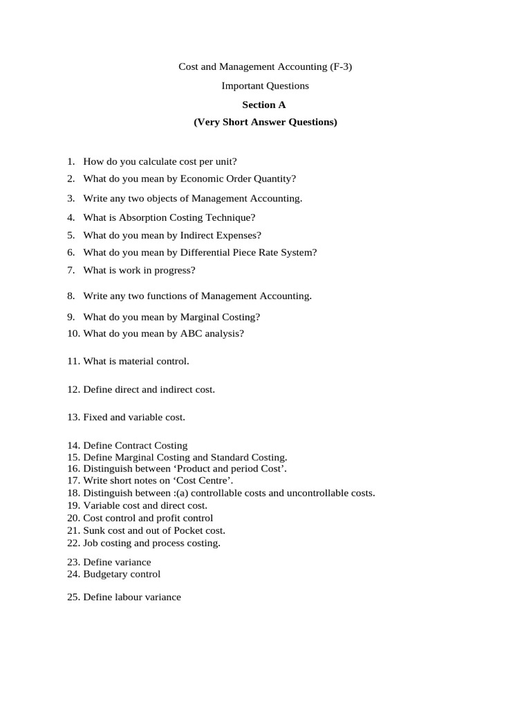 Important Questions in Cost Accounting | PDF | Cost Accounting ...