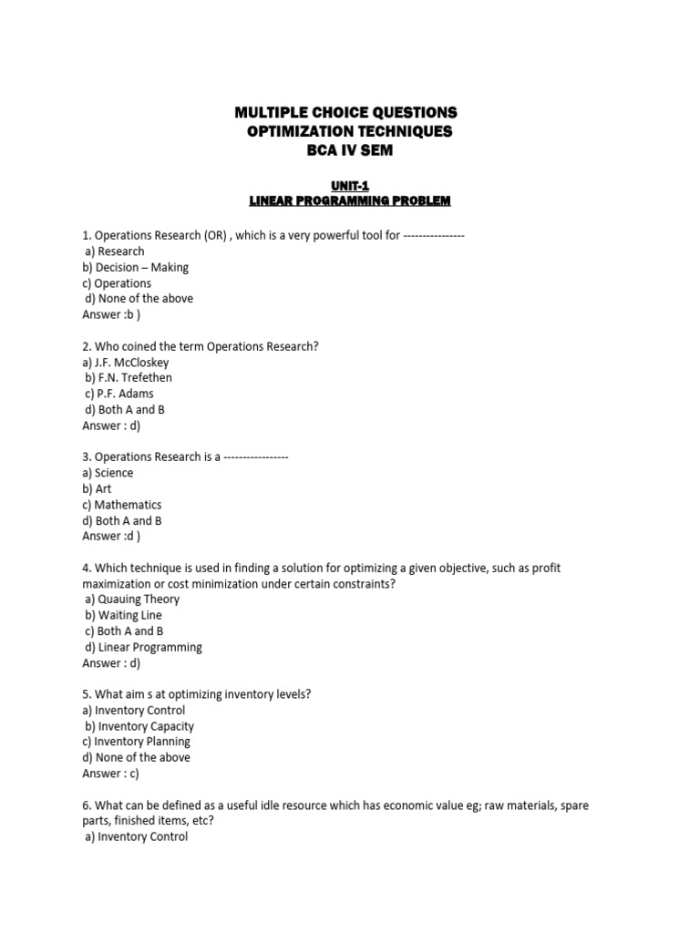 BCA IV Sem Linear Programming MCQs | PDF | Depreciation | Mathematical ...