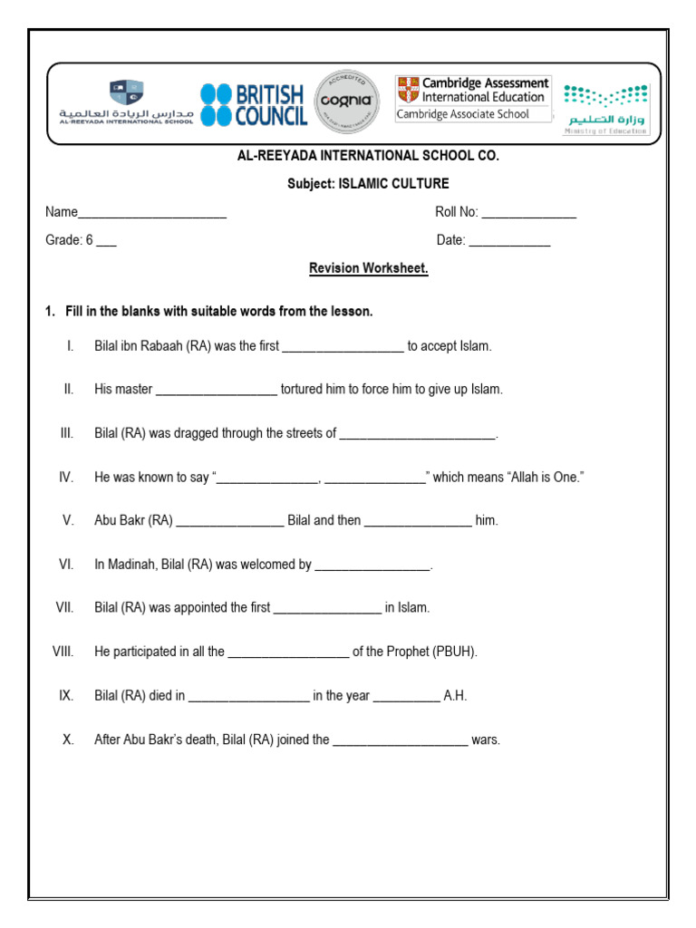 Grade 6 Islamic Culture Revision Worksheet | PDF | Abrahamic Religions ...