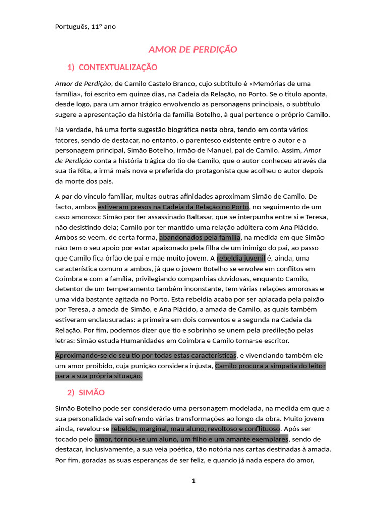 Amor de Perdição: Simão e Teresa | PDF | Amor
