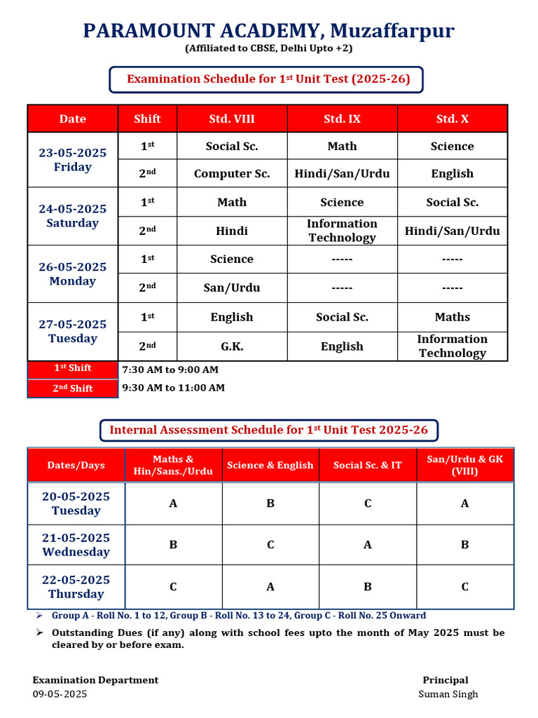 2025-26 Unit Test Schedule: Paramount Academy | PDF
