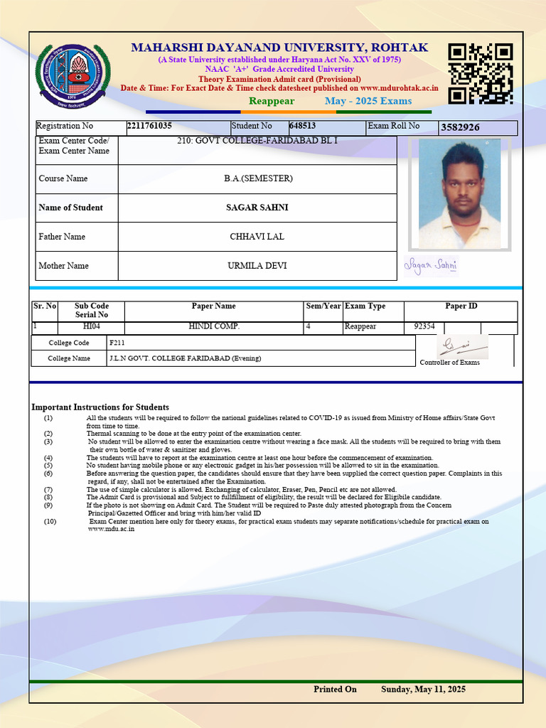 Maharshi Dayanand University, Rohtak: Reappear | PDF