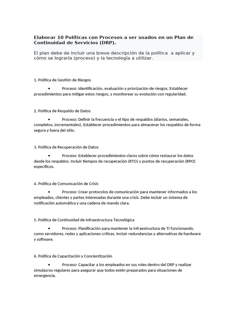 10 Políticas para un Plan de Continuidad DRP | PDF | La seguridad ...