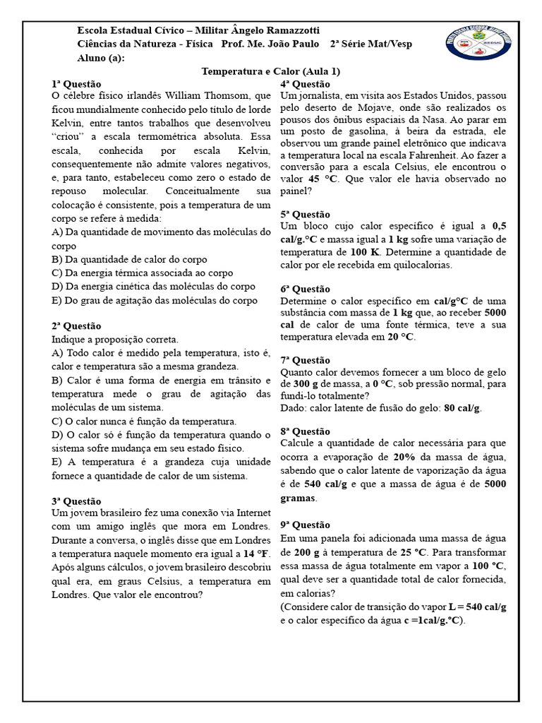 Questões sobre Temperatura e Calor | PDF | Calor | Temperatura