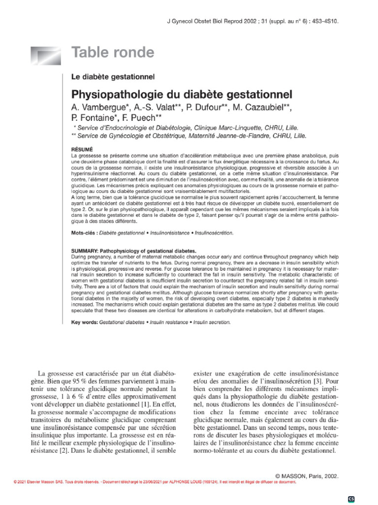 Physiopathologie Du Diabete Gestationnel PDF — free download