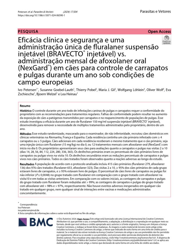 Eficácia clínica e segurança e uma administração única de fluralaner ...