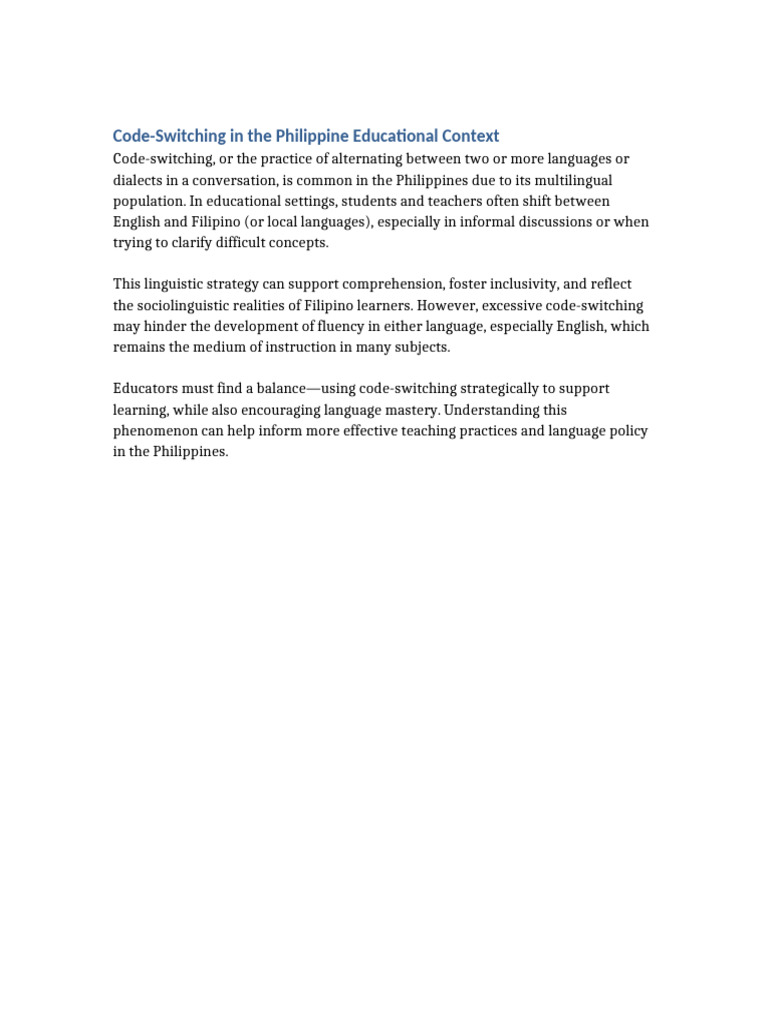 Code Switching In Philippine Education Pdf