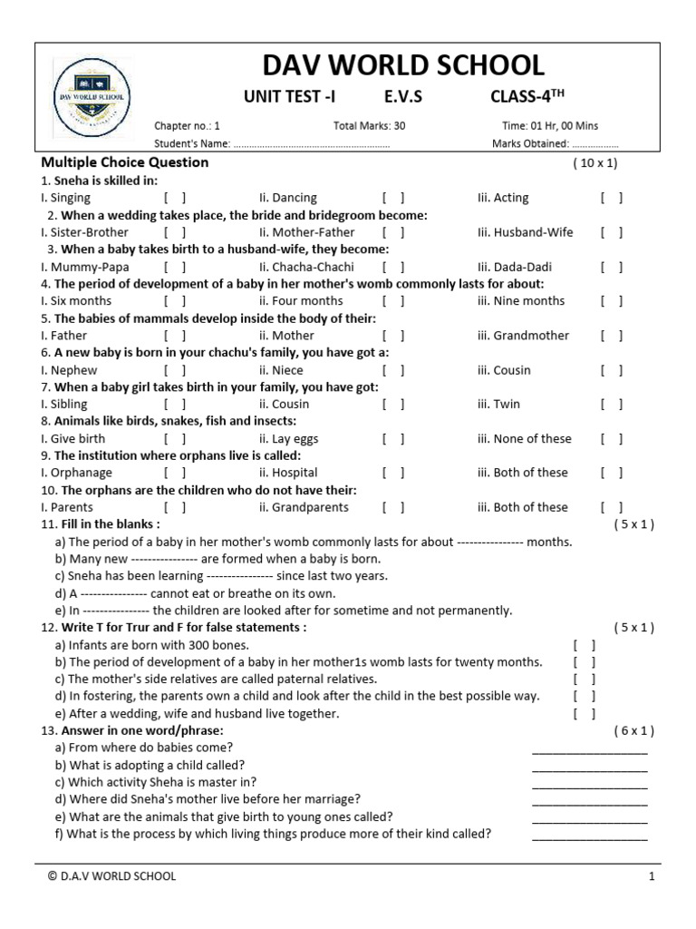 Unit Test I Evs Class 4 | PDF | Social Institutions | Childhood
