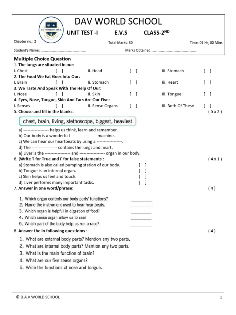 Unit Test - I Evs Class 2 | PDF | Senses | Neuroscience