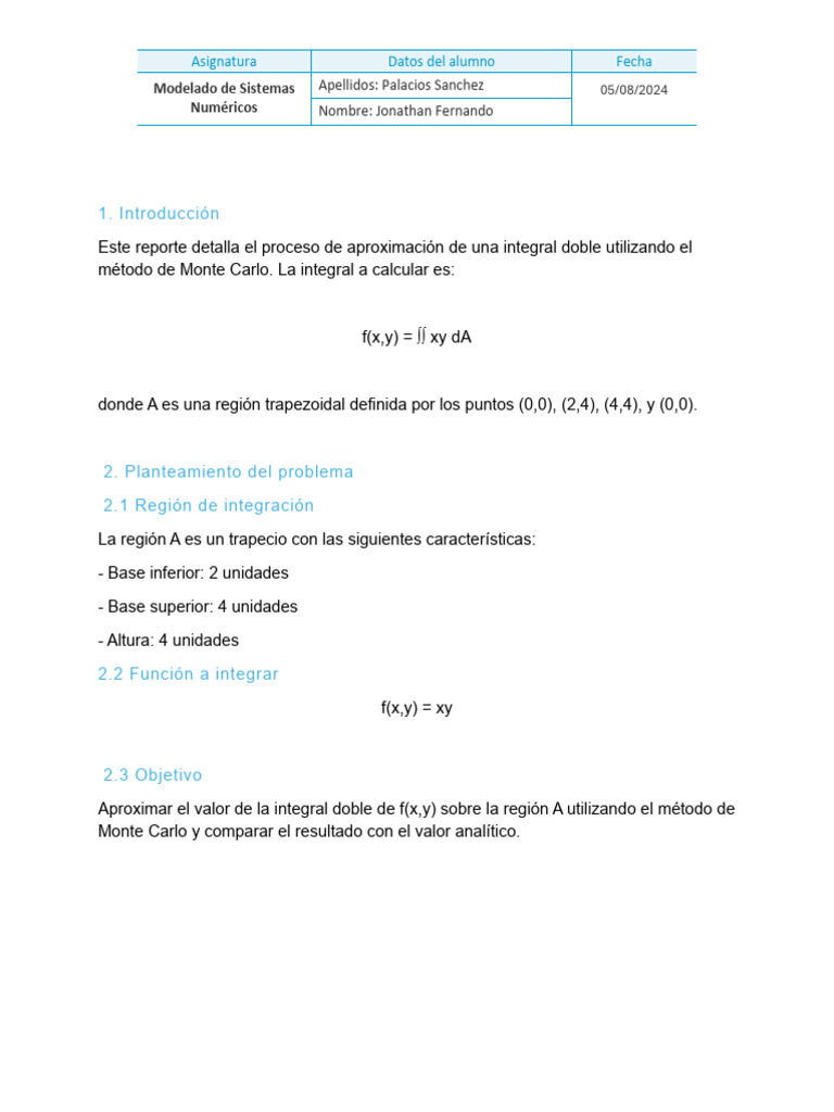 Integración de Monte Carlo para F | PDF | Integral | Método Monte Carlo
