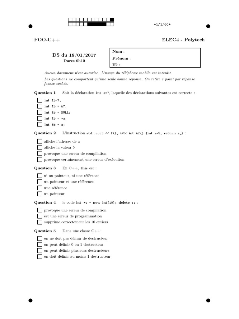 Questions de DS POO-C++ - Polytech | PDF
