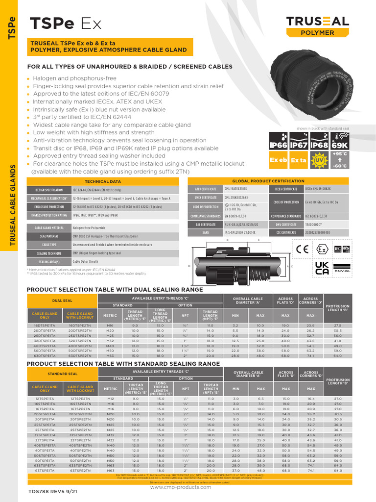 Truseal TSPe Ex Cable Glands Overview | PDF
