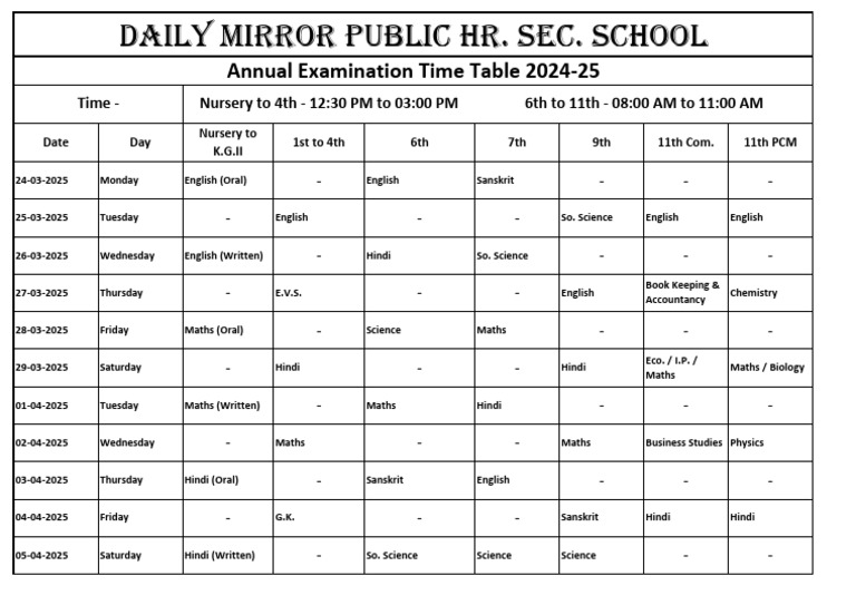 Annual Exam Time Table 2024-25 | PDF