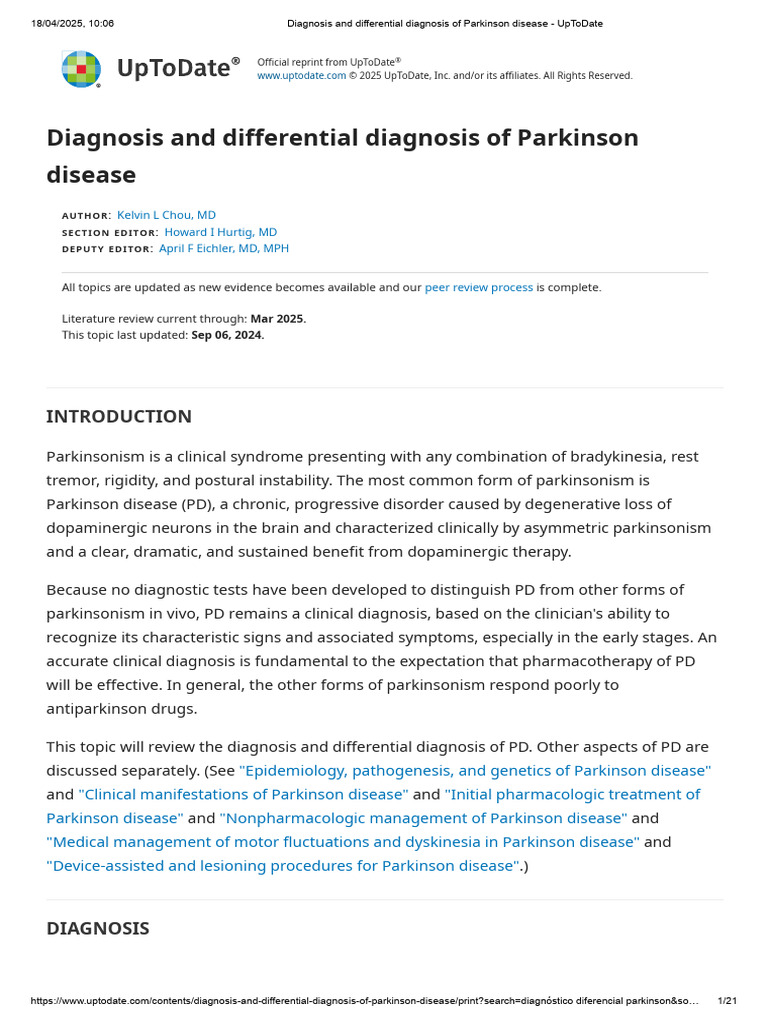 Diagnosis and Differential Diagnosis of Parkinson Disease | PDF ...