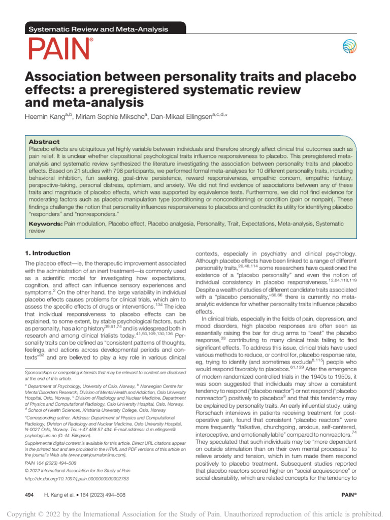 Personality Traits and Placebo Effects | PDF | Meta Analysis | Placebo
