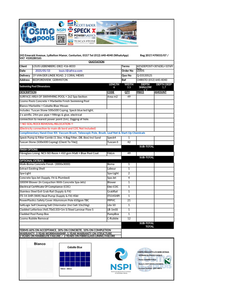 Cosmo Pools Quotation Q-03130525 Concrete 6x3.5 Louis Liebenberg | PDF ...