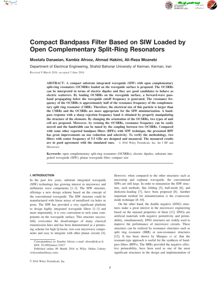 Compact Bandpass Filter Based On SIW Loaded by OCSRR | PDF | Microwave ...