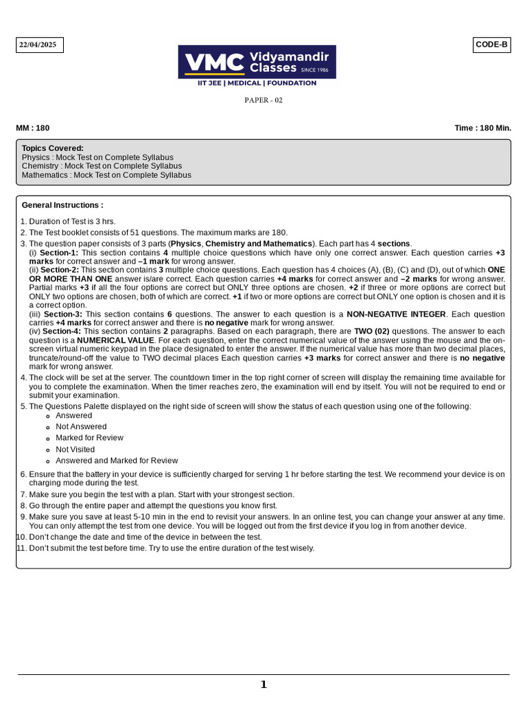 JEE Advance Paper - 2 (22-04-2025) | PDF | Chemical Reactions ...