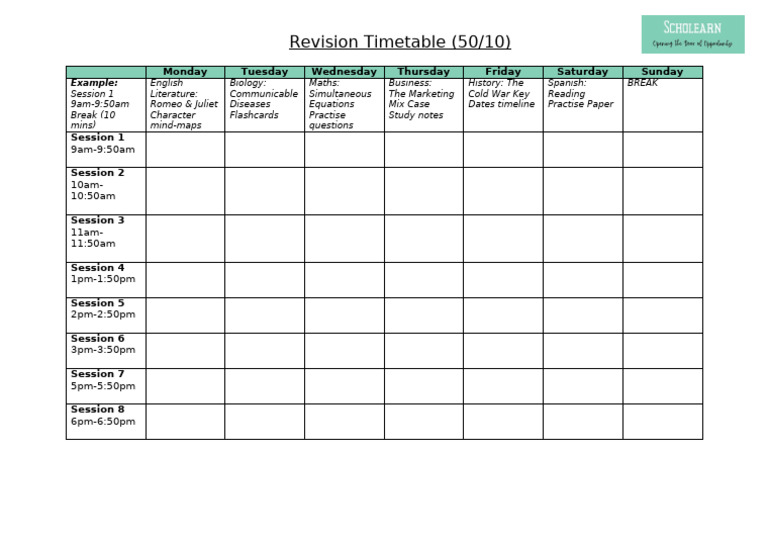 50+10+Revision+Timetable+Template | PDF